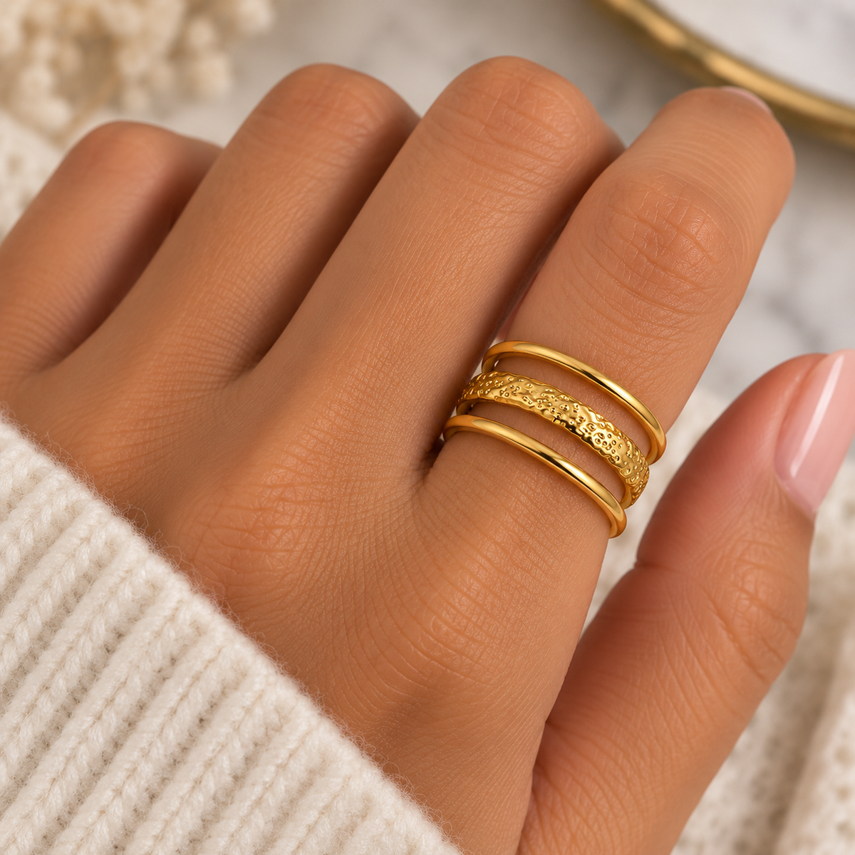 Anillo Triple Textura - Dorado
