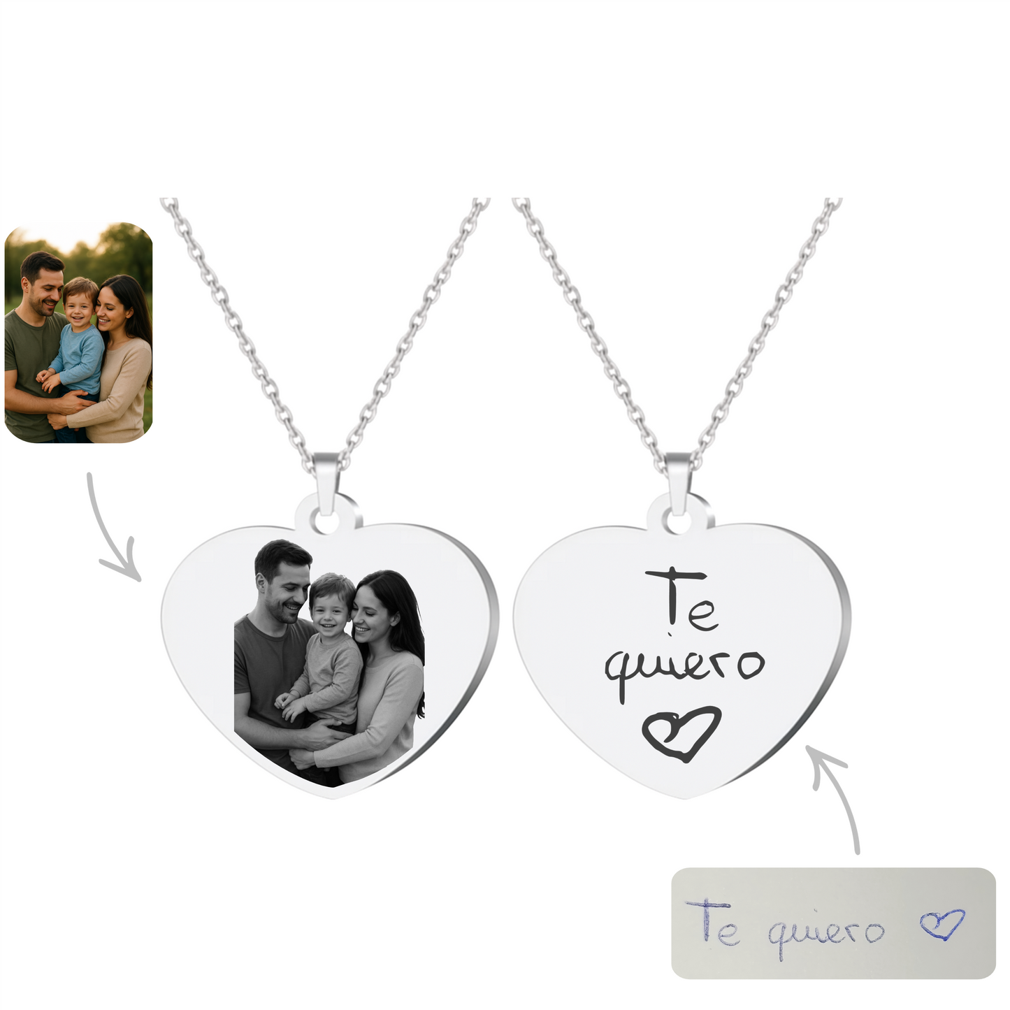 Collar corazón con foto + letra manuscrita (plateado)