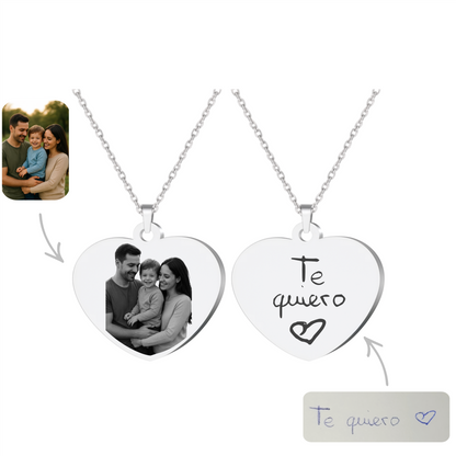 Collar corazón con foto + letra manuscrita (plateado)